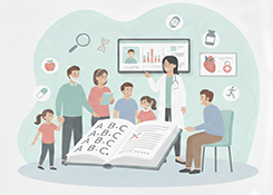 A doctor pointing to a medical data screen while presenting to a diverse group of patients and children gathered around a large open book.