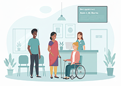 Illustration of an accessible medical office featuring patients with a wheelchair and a walking cane interacting at a reception desk.