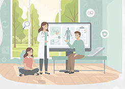 A doctor in a clinic explains medical screening results on a large monitor to a patient seated on an exam table.